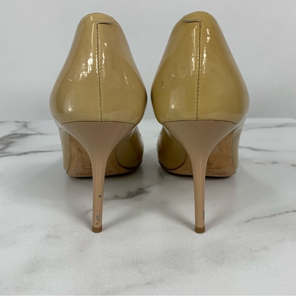 Jimmy Choo Maven Beige Tan Patent Mesh Crisscross Peep Toe Pumps 39.5 - Picture 9 of 13